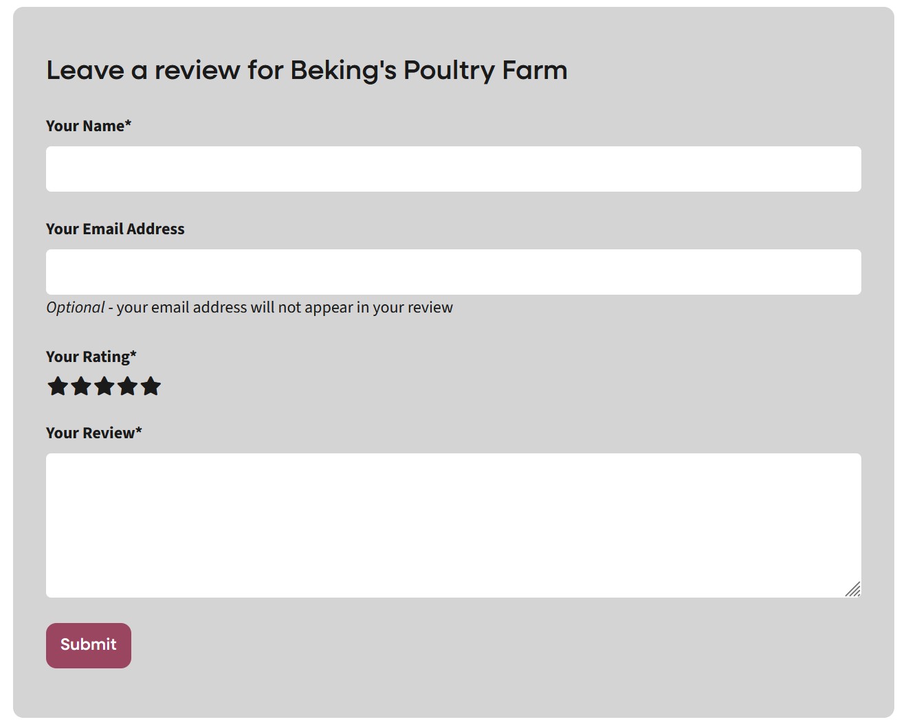 Write a review form on Local Food Canada